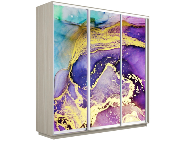 Шкаф-купе Экспресс 3-х дверный (Фото №1018 Абстракция фиолетово-золотая), Ясень Шимо светлый